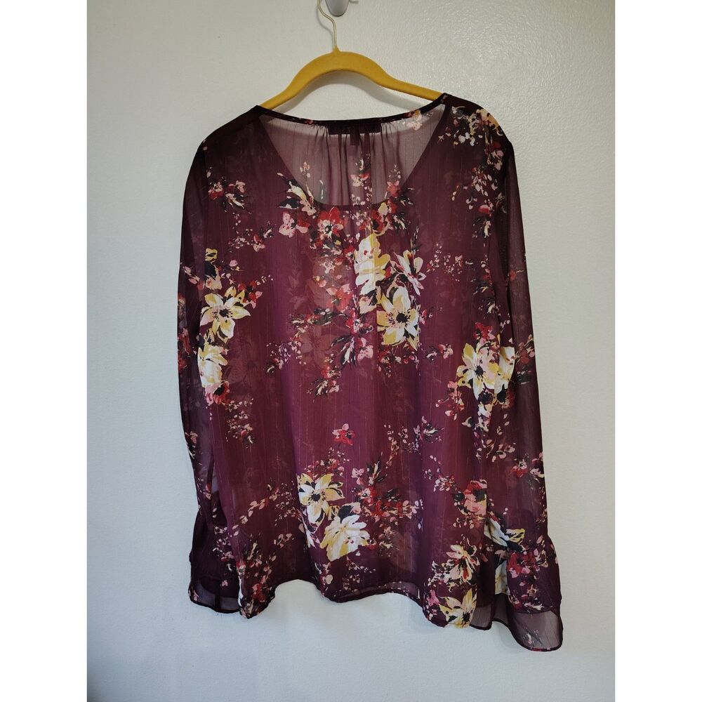 APT. 9 XL Burgundy Floral Sheer Blouse Bell Sleeve Split Neck Boho Career Top - Picture 4 of 6